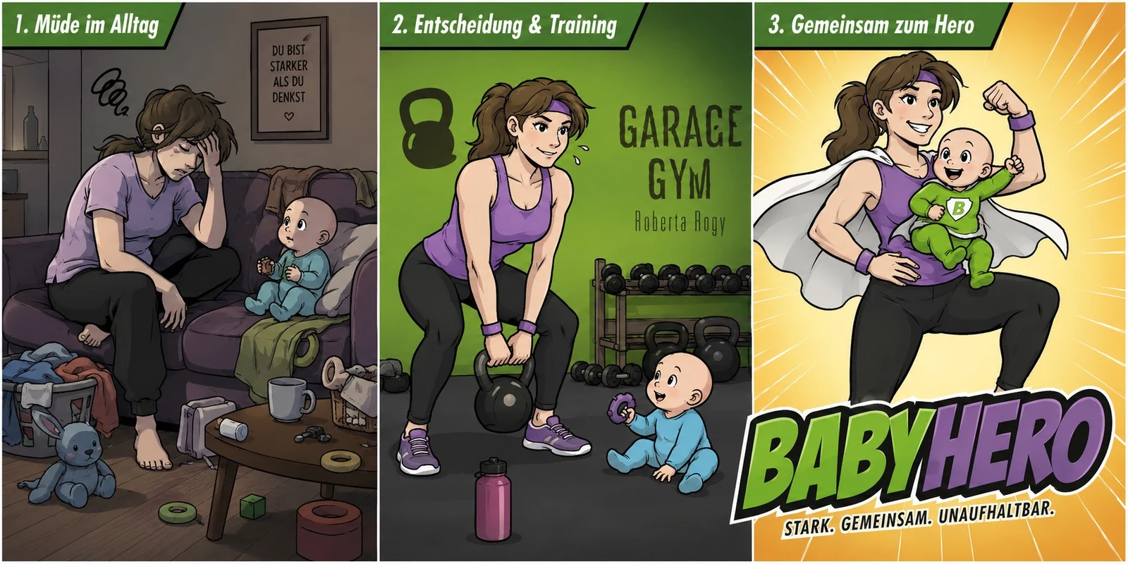 Heldenreise einer Mama in drei Schritten: müde im Alltag, Entscheidung & Training bei Garage Gym, gemeinsam zum Baby Hero (Comic)